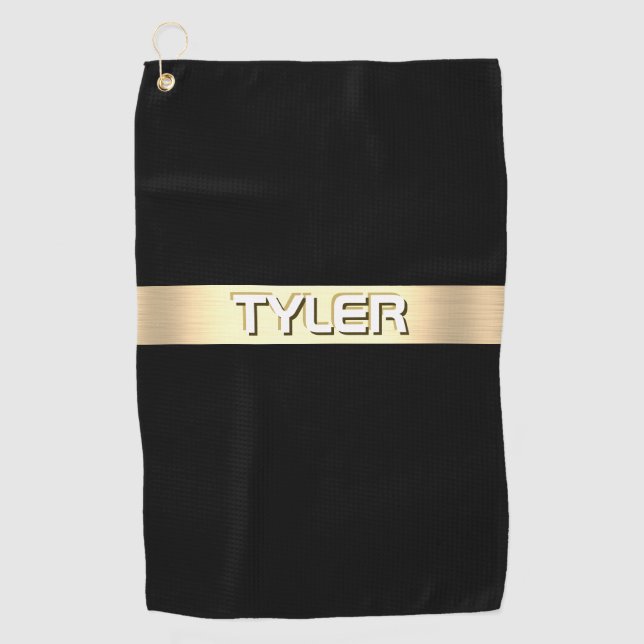 DIY Name White, Brushed Gold Stripe, Black Golf Towel (Front)