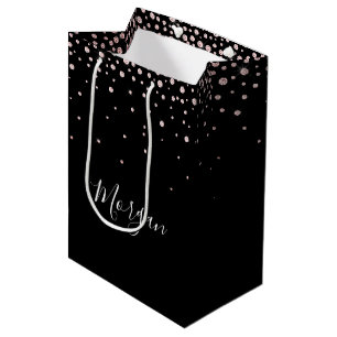 DIY Name White Script Falling Pink Diamonds, Black Medium Gift Bag