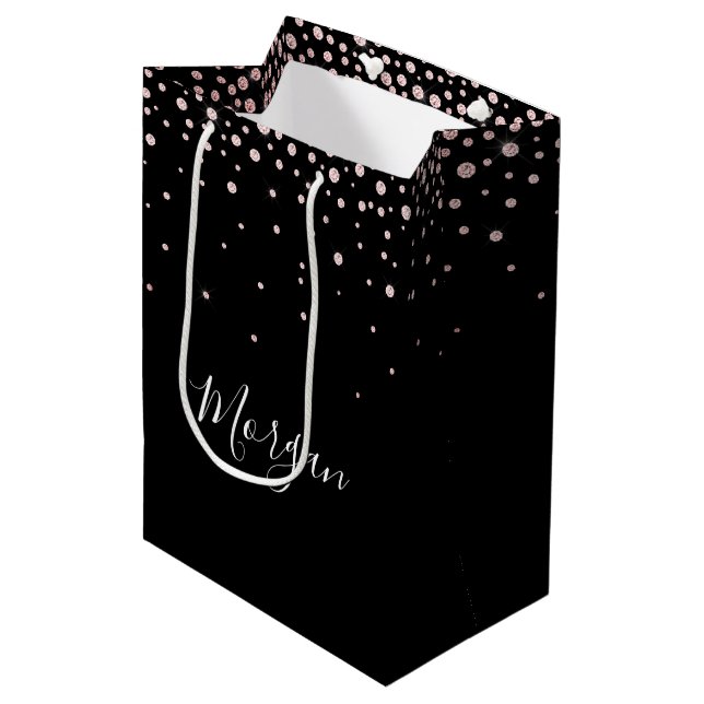 DIY Name White Script Falling Pink Diamonds, Black Medium Gift Bag (Front Angled)