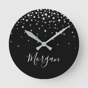 DIY Name White Script & White Diamonds, Black Round Clock