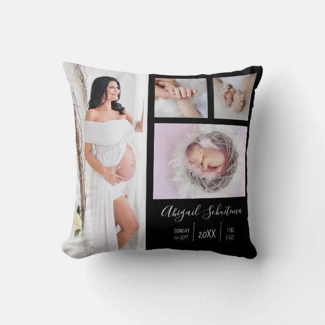 DIY New Born Baby Photo Keepsake on Black Throw Pillow (Front)