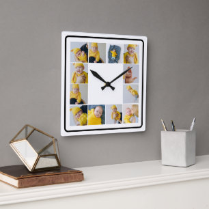 DIY Personalized 12 Photo Collage Template Square Wall Clock