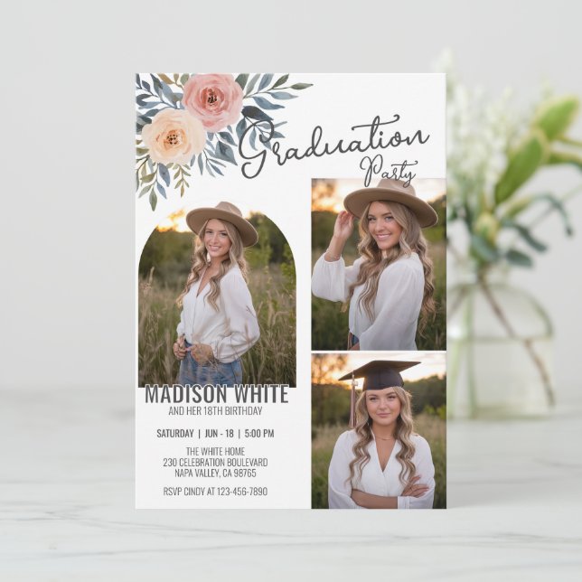 DIY Photo Graduation Birthday Delicate Floral Deco Invitation (Standing Front)