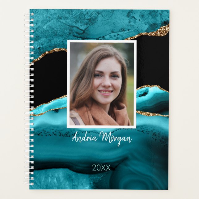DIY Photo/Name/Year/Teal Black Gold Agate Planner (Front)