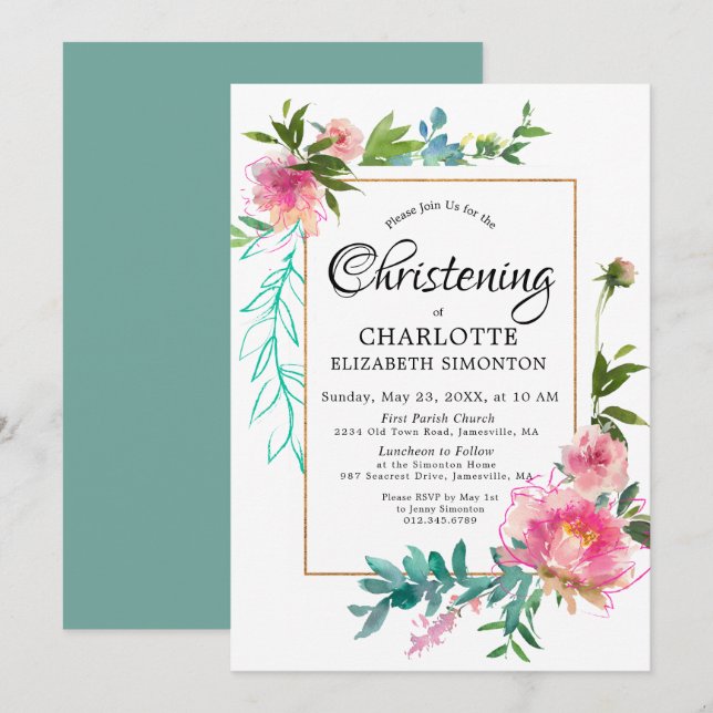 DIY Pink Floral Watercolor Christening Invitations (Front/Back)