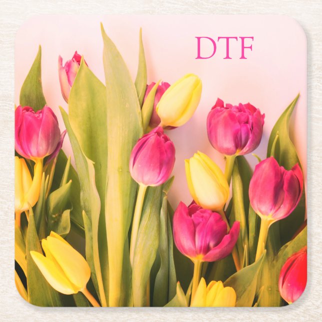 DIY Pink Monogram/Name, Pink & Yellow Tulips Square Paper Coaster (Front)