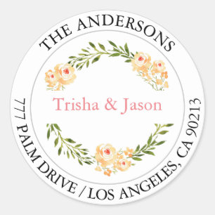 DIY Return Address, Watercolor Peach Flowers, Grey Classic Round Sticker
