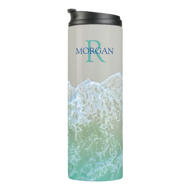 DIY Teal Monogram & Blue Name, Gentle Ocean Waves Thermal Tumbler (Rotated Right)