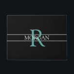 DIY Teal Monogram, White Name, Black, Grey Stripes Doormat<br><div class="desc">Personalize this trendy black doormat with Teal Monogram and White Name. A simple,  yet elegant design with 2 grey stripes.</div>