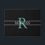 DIY Teal Monogram, White Name, Black, Grey Stripes Doormat<br><div class="desc">Personalize this trendy black doormat with Teal Monogram and White Name. A simple,  yet elegant design with 2 grey stripes.</div>