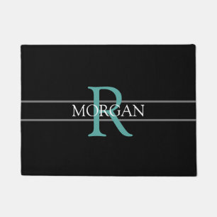 DIY Teal Monogram, White Name, Black, Grey Stripes Doormat