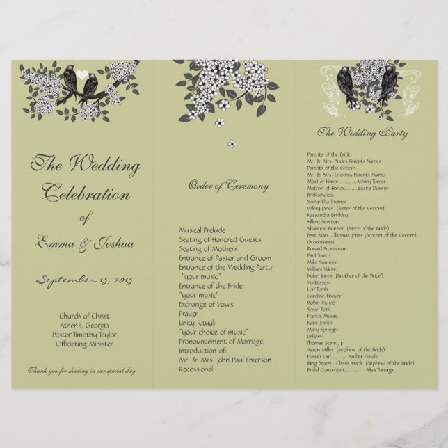 DIY Vintage Birds Branch TriFold Wedding Program (Front)