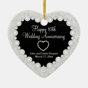 DIY Wedding Anniversary in White Faux Glitter Ceramic Ornament