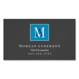 DIY White/Blue Monogram & Name, White Frame, Black Magnetic Business Card
