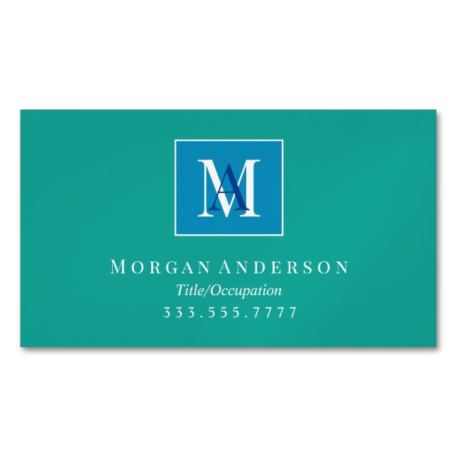 DIY White/Blue Monogram Name White Frame, Teal Magnetic Business Card (Front)