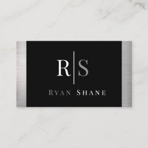 DIY White & Grey Monogram & Name, Black & Silver Business Card