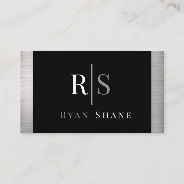 DIY White & Grey Monogram & Name, Black & Silver Business Card (Front)