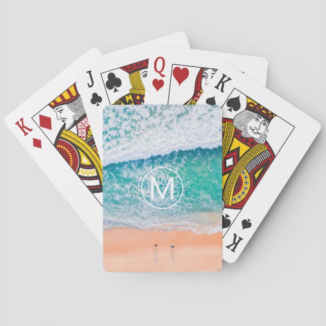 DIY White Monogram in Circle, Beach Waves Playing Cards (Back)
