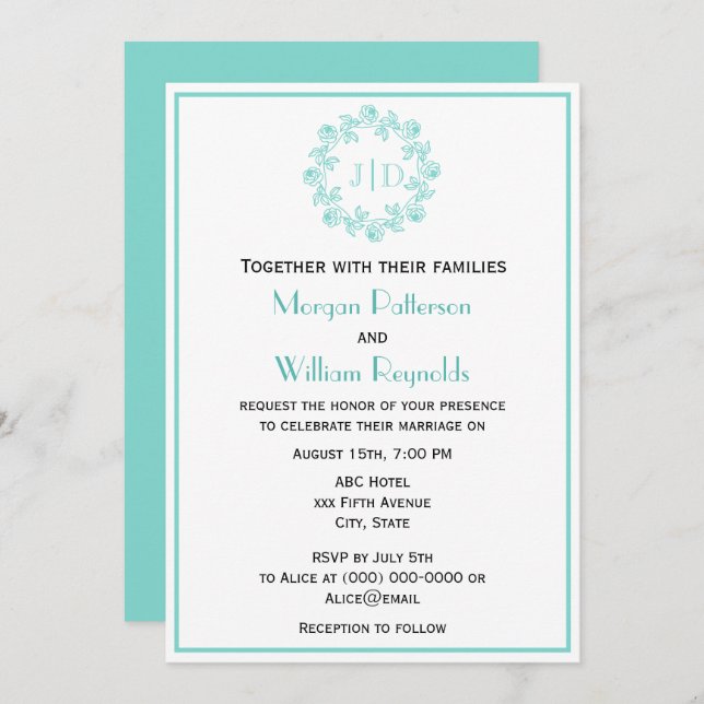 DIY Wreath of Roses 2 Initial Wedding Monogram CO2 Invitation (Front/Back)