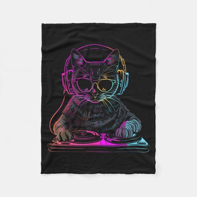 Dj Cat Edm Techno House Music Funny Cat Lover For  Fleece Blanket (Front)