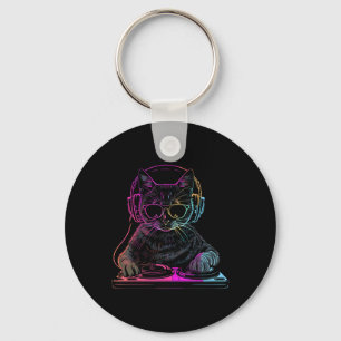Dj Cat Edm Techno House Music Funny Cat Lover Keychain