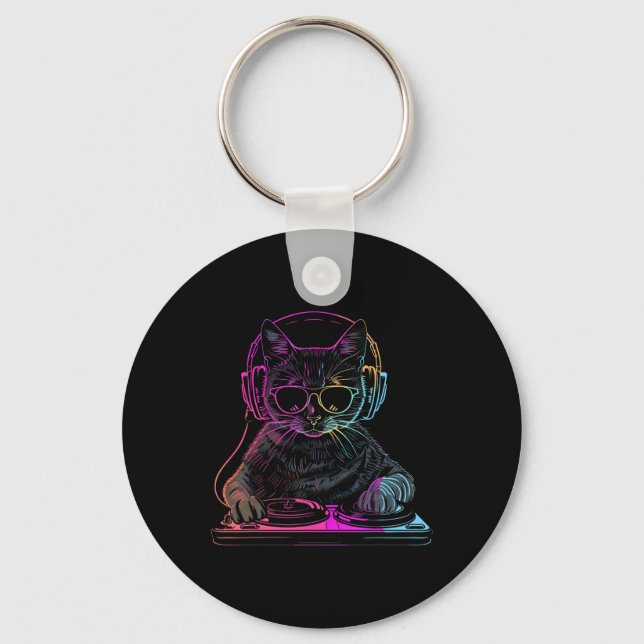 Dj Cat Edm Techno House Music Funny Cat Lover  Keychain (Front)