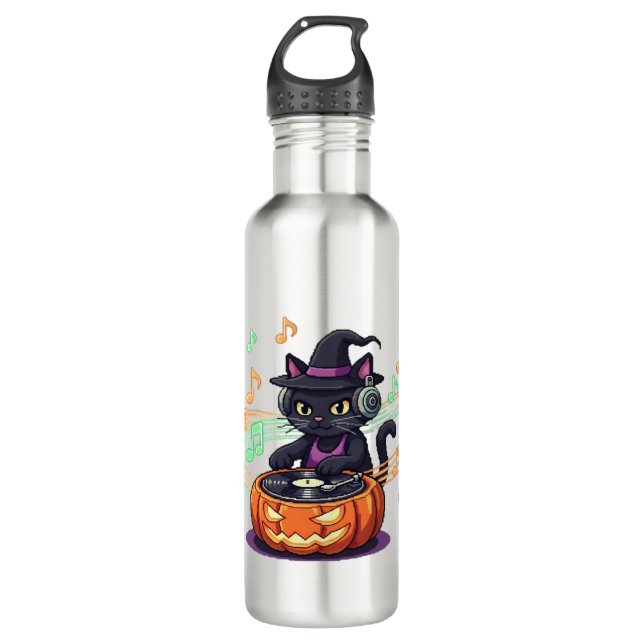 Dj cat halloween Oversized T-Shirt 710 Ml Water Bottle (Front)
