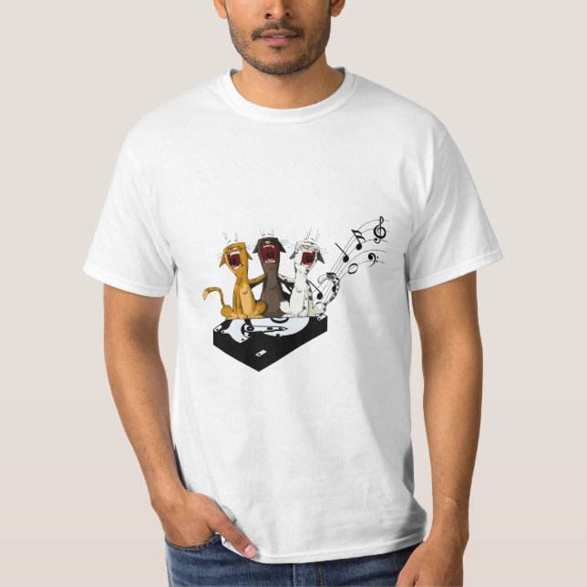 DJ Cat Spinning Vinyl – Funny DJ Turntable Cat Tee (Front)
