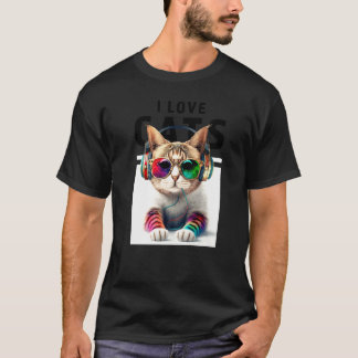 DJ Cat with Cool Style Sunglasses Headphone Music T-Shirt