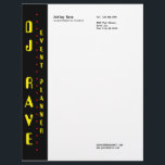DJ Event Planner Letterhead<br><div class="desc">An electronic music inspired template design with a shimmering red, yellow and black colour palette. It is captioned with; DJ Rave, event planner, electronic music. Fully editable.</div>