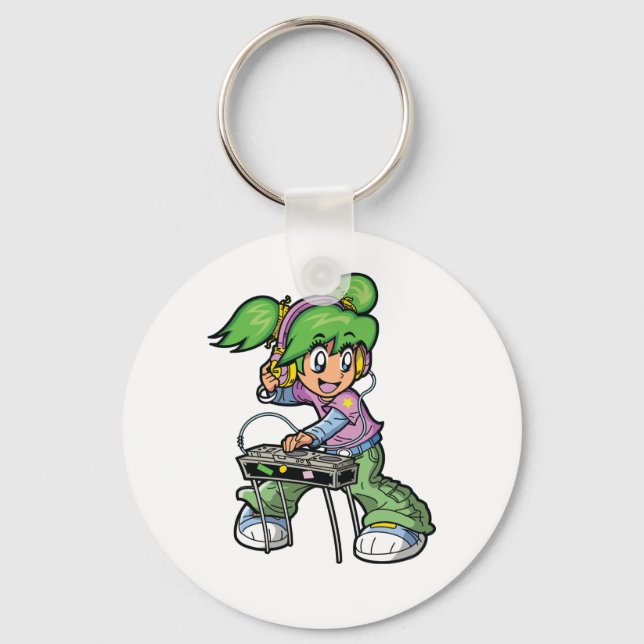 DJ Girl with Green Hair and Headphones  Keychain (Front)