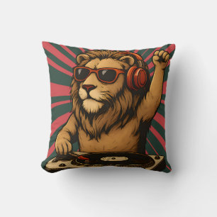 DJ Lion – Cool Retro Style Music Art Throw Pillow