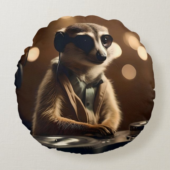 DJ Meerkat: Spinning Tracks in the Savanna, Round Pillow (Front)