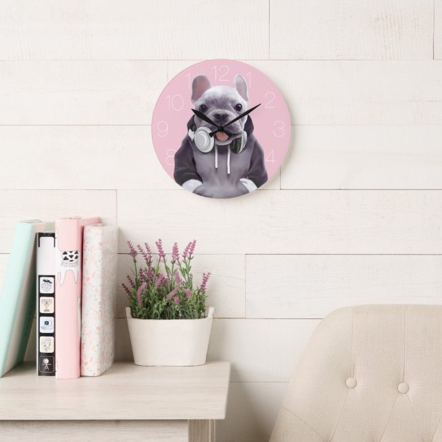 DJ Mode On: Cool French Bulldog with Headphones Large Clock (Reading Room)