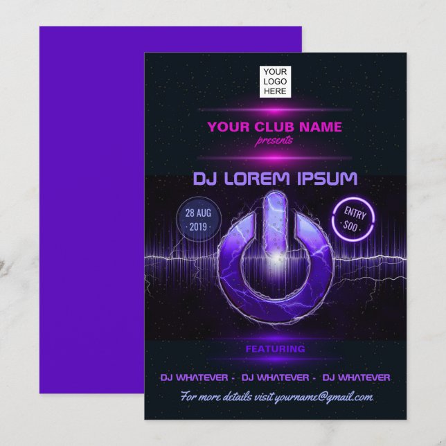 DJ Music and Dance Gig add logo invitation (Front/Back)