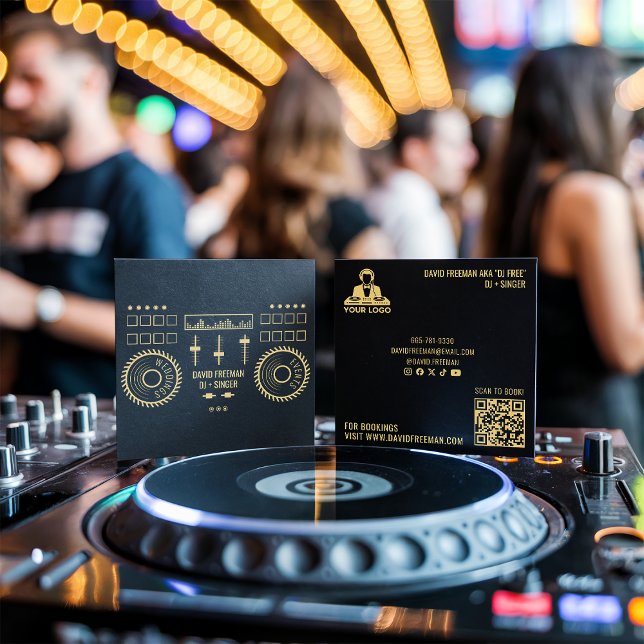 Dj Music Events Modern Minimal Black Gold Mixer QR Square Business Card (Dj Music Events Modern Minimal Black Gold Mixer QR)