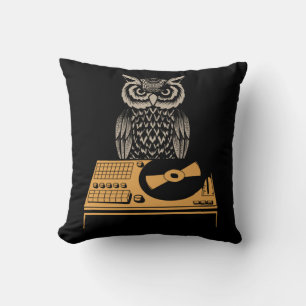 DJ Owl Turntable Retro Vinyl Throw Pillow