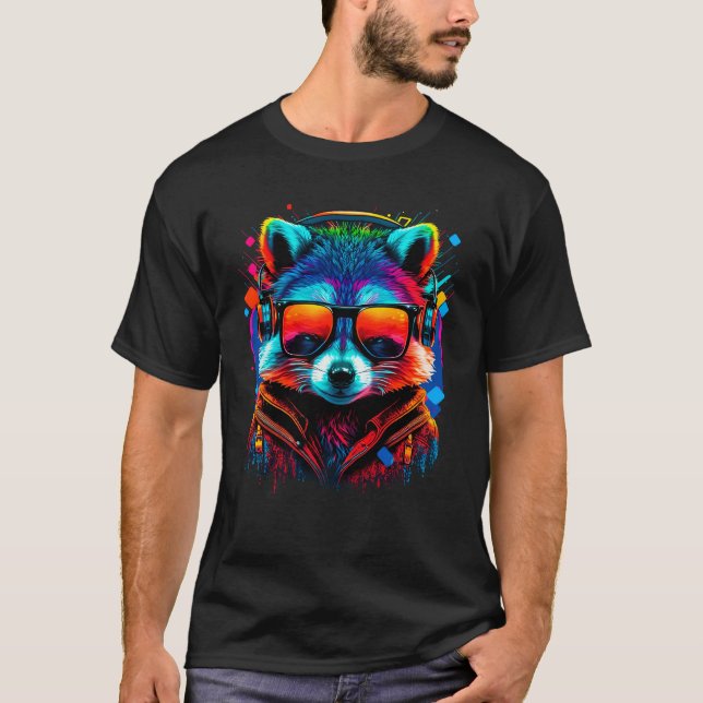 Dj Raccoon With Sunglasses EDM Techno Vaporwave T-Shirt (Front)