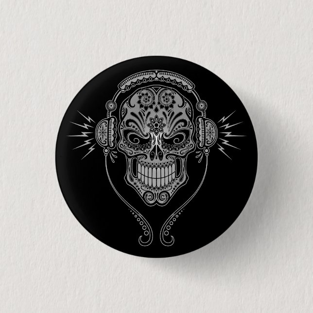 DJ Sugar Skull – Black 1 Inch Round Button (Front)