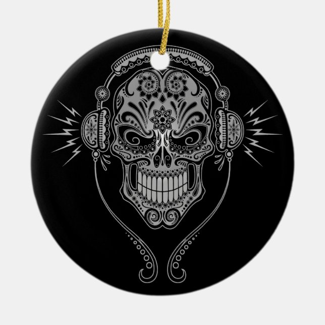 DJ Sugar Skull – Black Ceramic Ornament (Front)