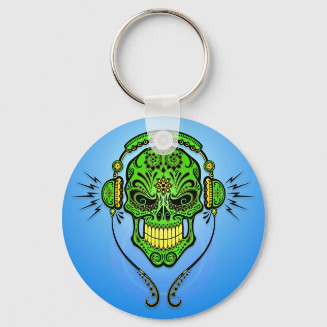 DJ Sugar Skull – Green and Blue Keychain (Front)