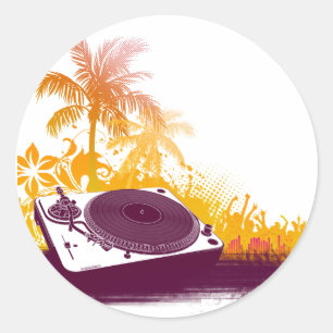 DJ Turntable Beach - Disc Jockey Music Deck Vinyl Classic Round Sticker
