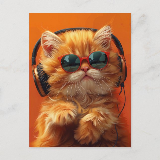 DJ Whiskers - Funny Orange Cat with Headphones Postcard (Front)