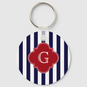 Dk Blue White Stripe Cranberry Quatrefoil Monogram Keychain