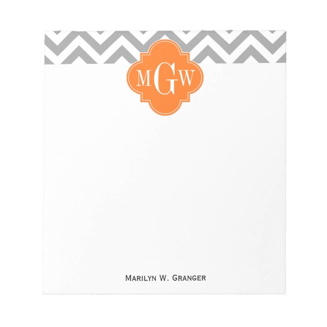 Dk Gray Lg Chevron Pumpkin Quatrefoil 3 Monogram Notepad (Front)