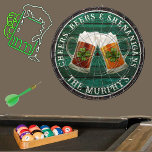 Dk Green Rustic Wood Cheers Beers Shenanigans  Dartboard<br><div class="desc">Cheers Beers and Shenanigans  Beer Stein mugs with 4-leaf clover shamrock. This Irish Beer Drinking-themed dartboard is just right  for your occasion and makes the perfect personalized Gift,  it's great for graduation weddings,  parties,  family reunions,  and just everyday fun. Our easy-to-use template makes personalizing easy.</div>