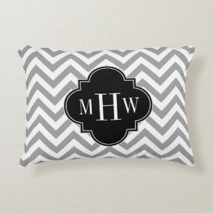 Dk Grey Lg Chevron Black Quatrefoil 3 Monogram Decorative Pillow
