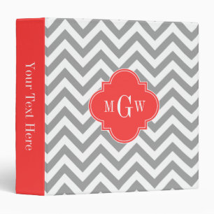 Dk Grey Lg Chevron Coral Red Quatrefoil 3 Monogram Binder