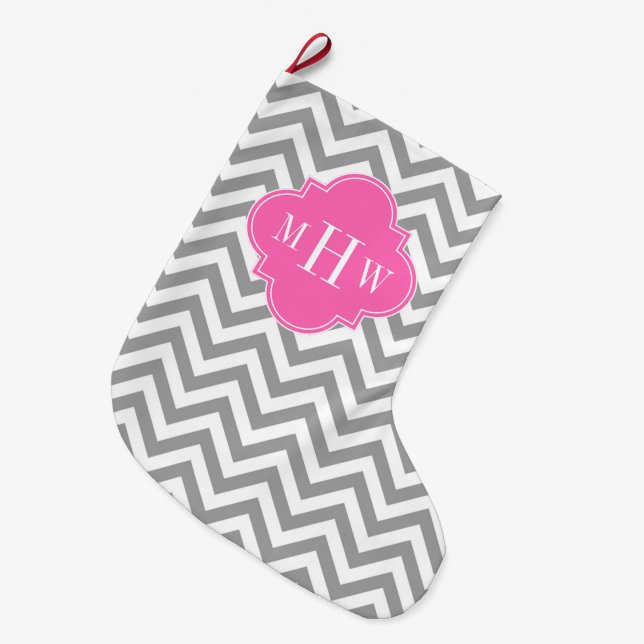 Dk Grey Lg Chevron Hot Pink Quatrefoil 3 Monogram Large Christmas Stocking (Front (Hanging))