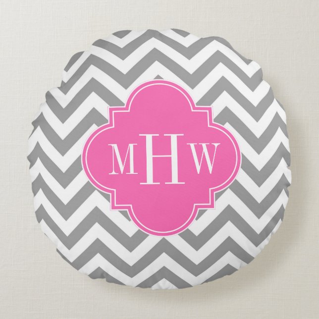 Dk Grey Lg Chevron Hot Pink Quatrefoil 3 Monogram Round Pillow (Front)